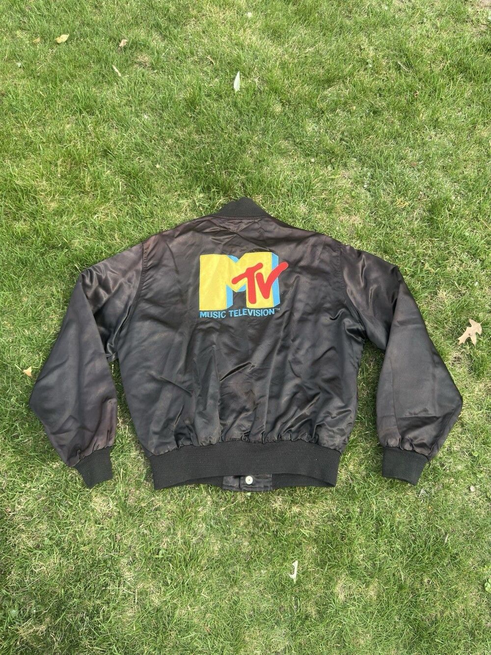 Vintage MTV Logo Black Satin Bomber Jacket Embroidered Sz Large READ